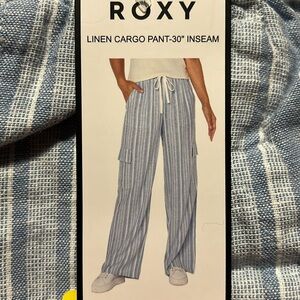 New Roxy Women's Linen Blend Cargo Pant lightweight Blue Stripes M S
